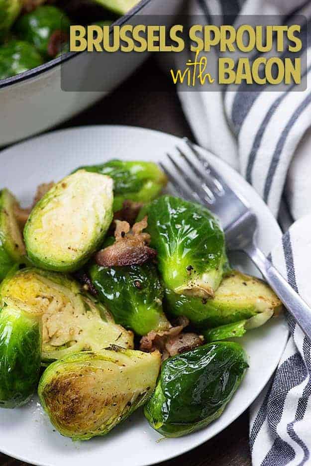 These Brussels sprouts with bacon are pan-fried with a little garlic for a fabulous low carb side dish that's full of flavor and only takes about 20 minutes to make.