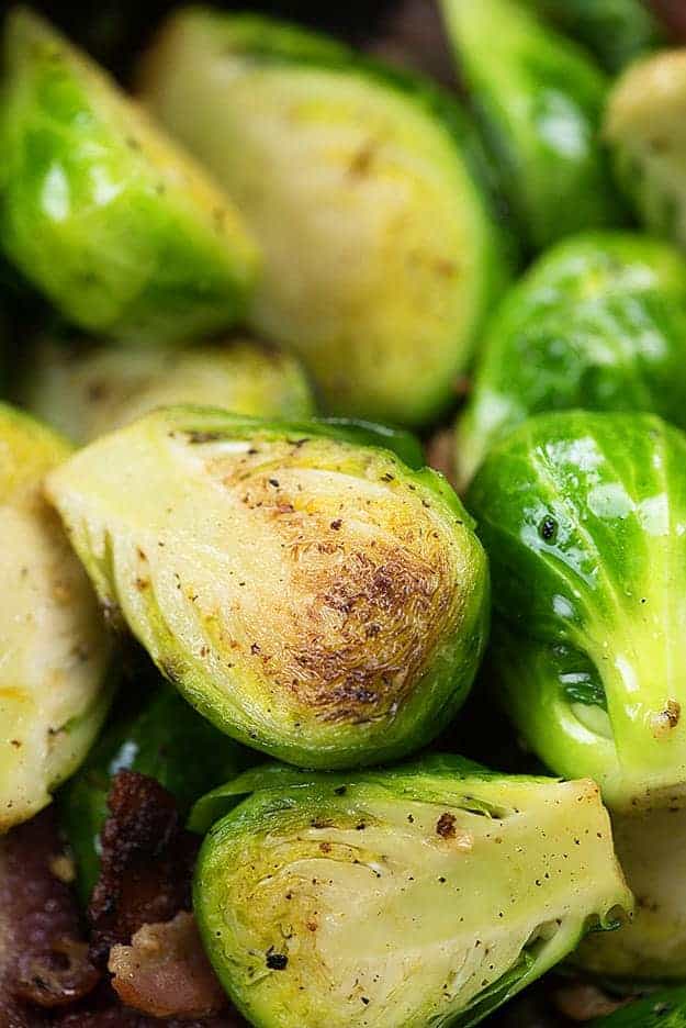 sauteed brussels sprouts in skillet