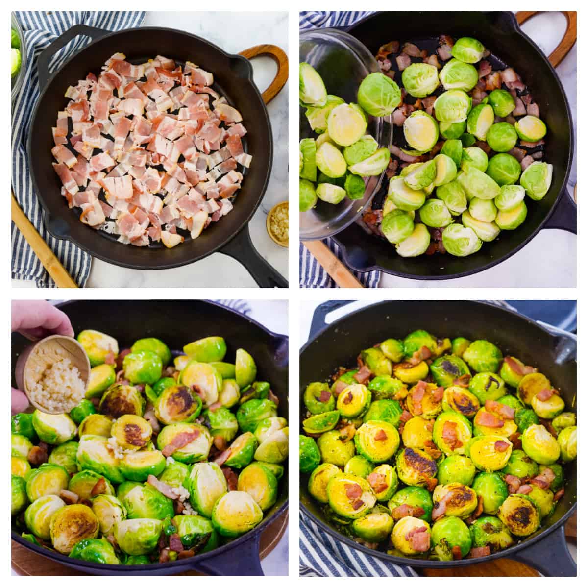 Collage showing how to make sauteed brussels sprouts.