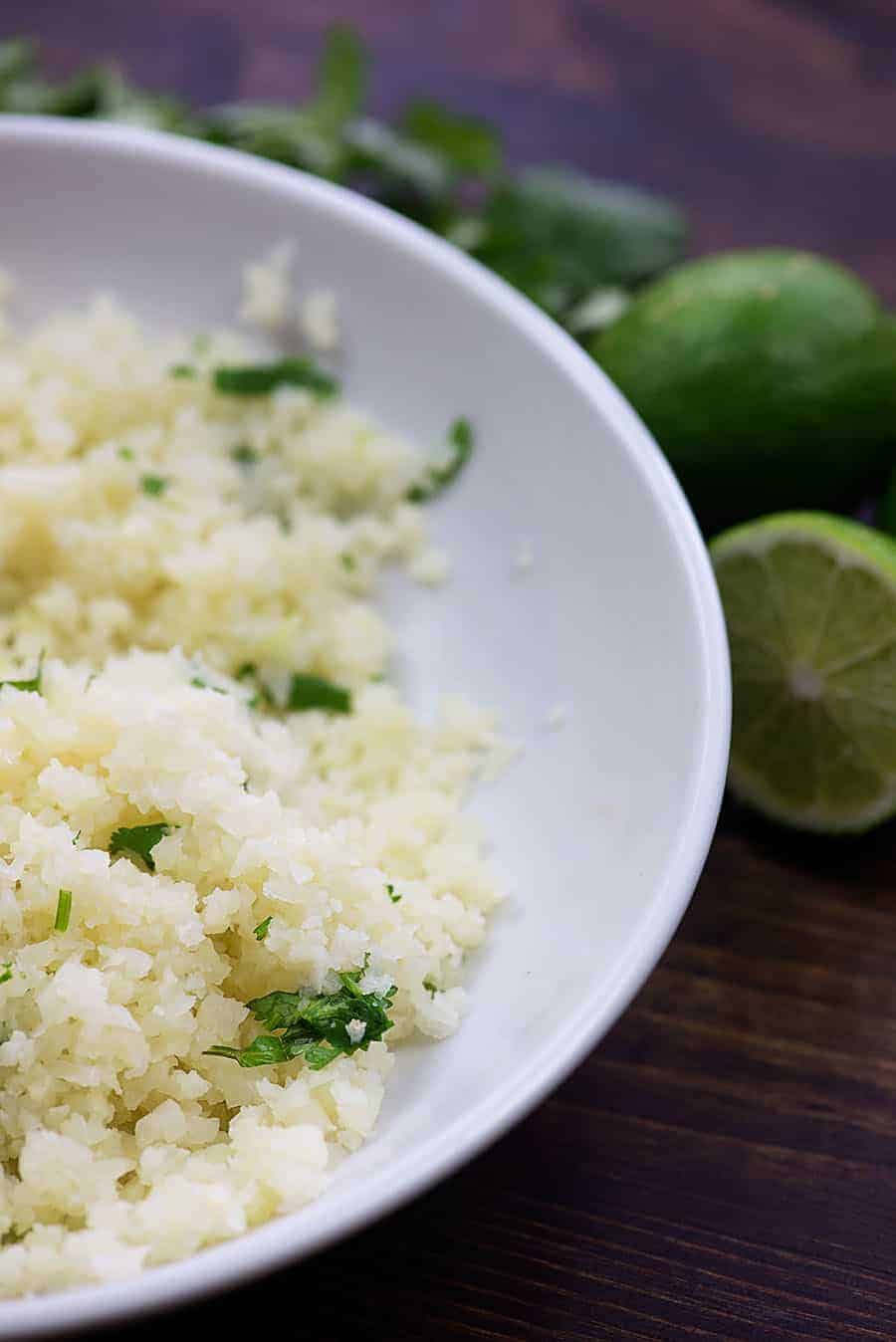 riced cauliflower in white bowl