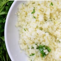 cilantro lime cauliflower rice in white bowl