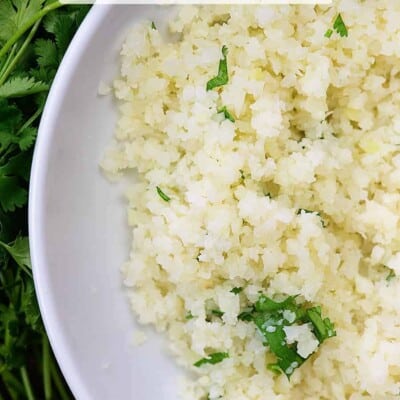 cilantro lime cauliflower rice in white bowl