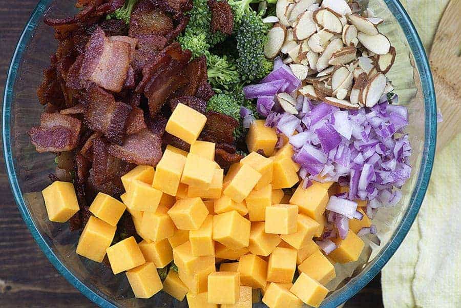 cold broccoli salad ingredients in bowl