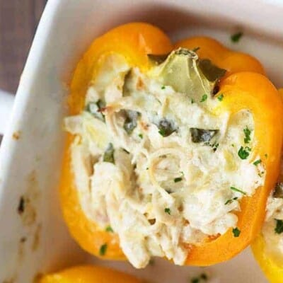 easy stuffed peppers in white baking dish