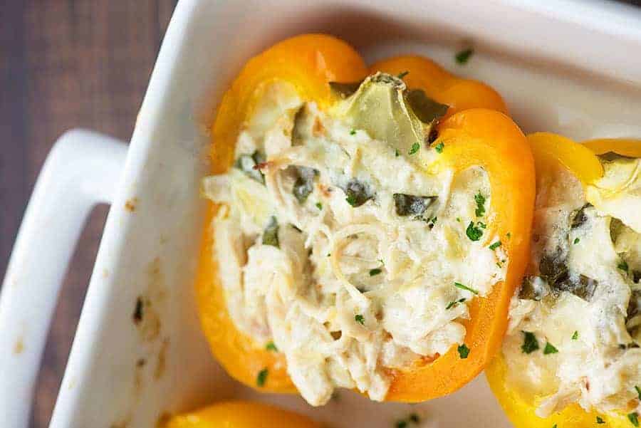 easy stuffed peppers in white baking dish