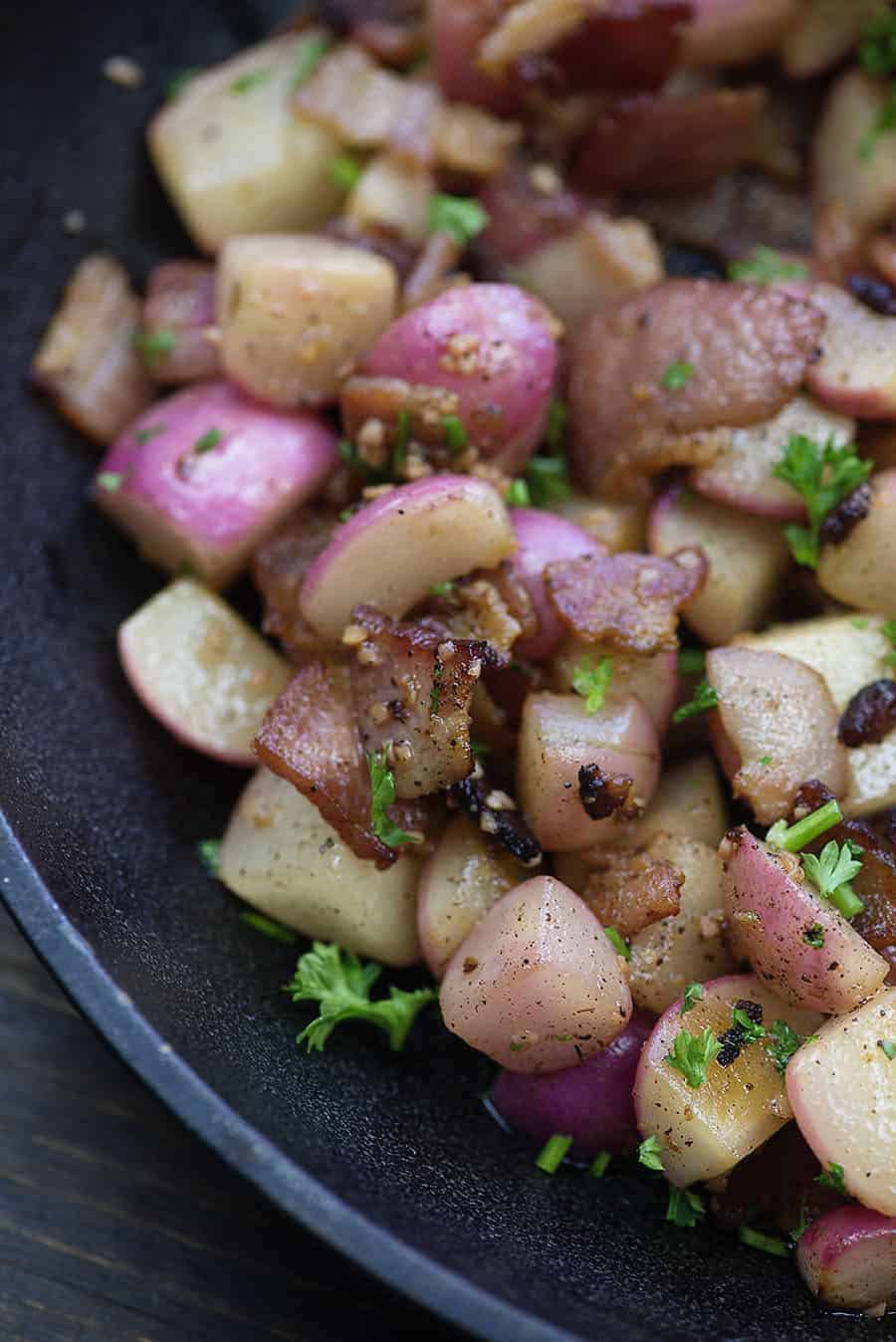 fried radishes in skillet