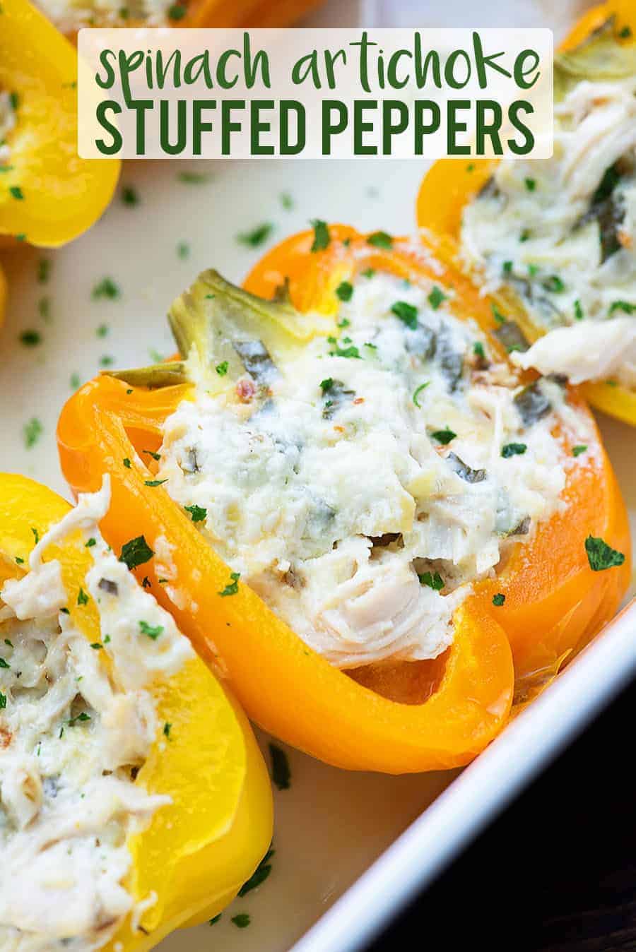 healthy stuffed peppers in white baking dish