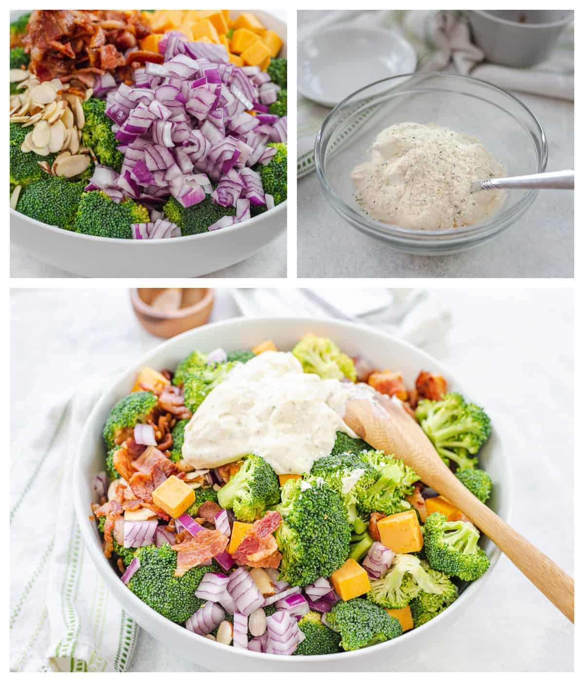 Collage showing how to make keto broccoli salad.