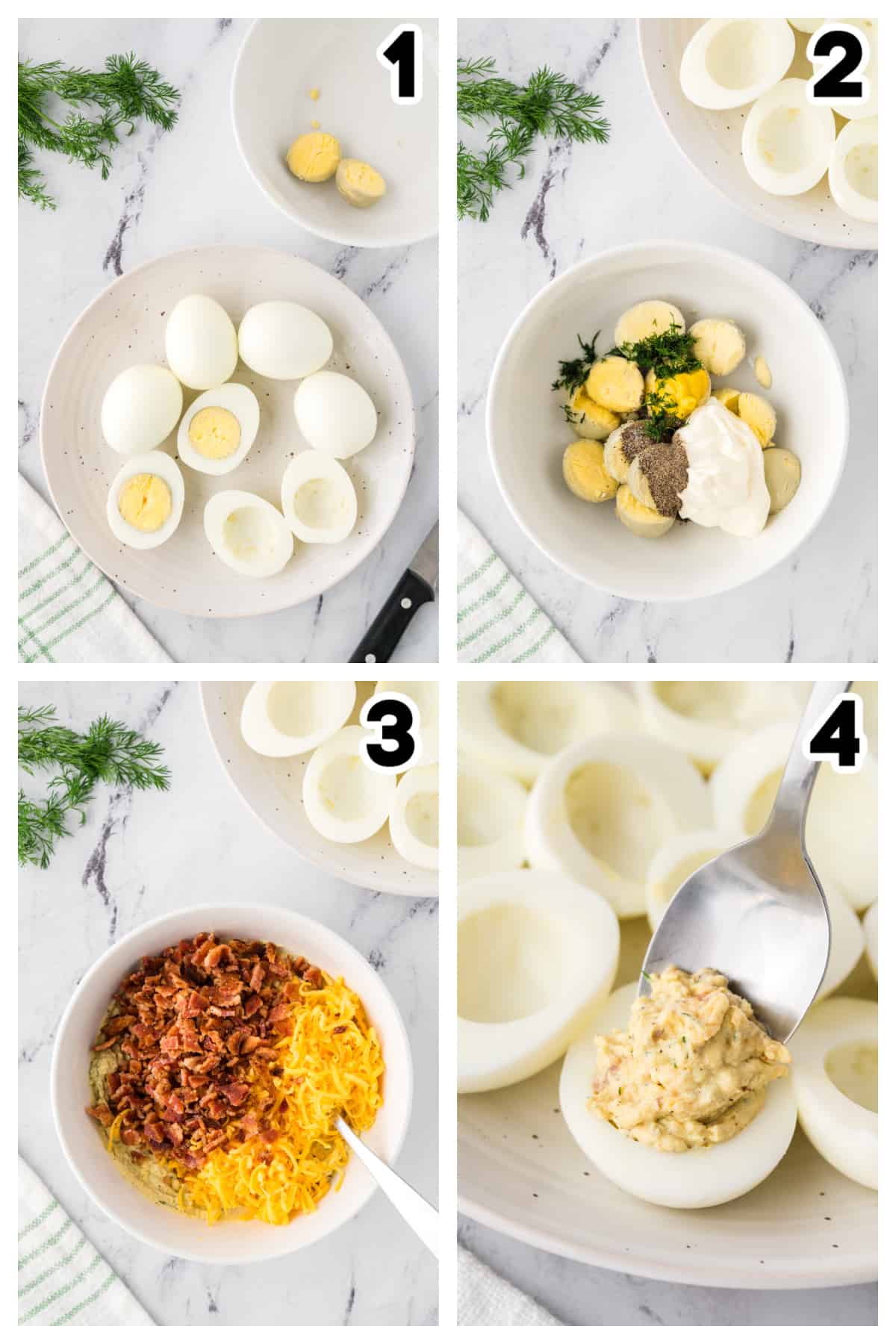 Collage showing how to make keto deviled eggs with bacon.