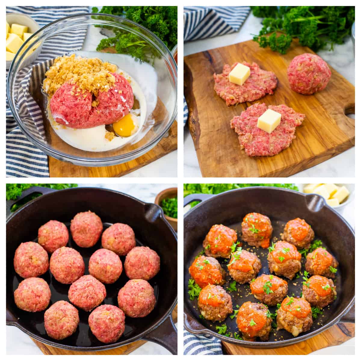 Collage showing how to make mozzarella stuffed meatballs.