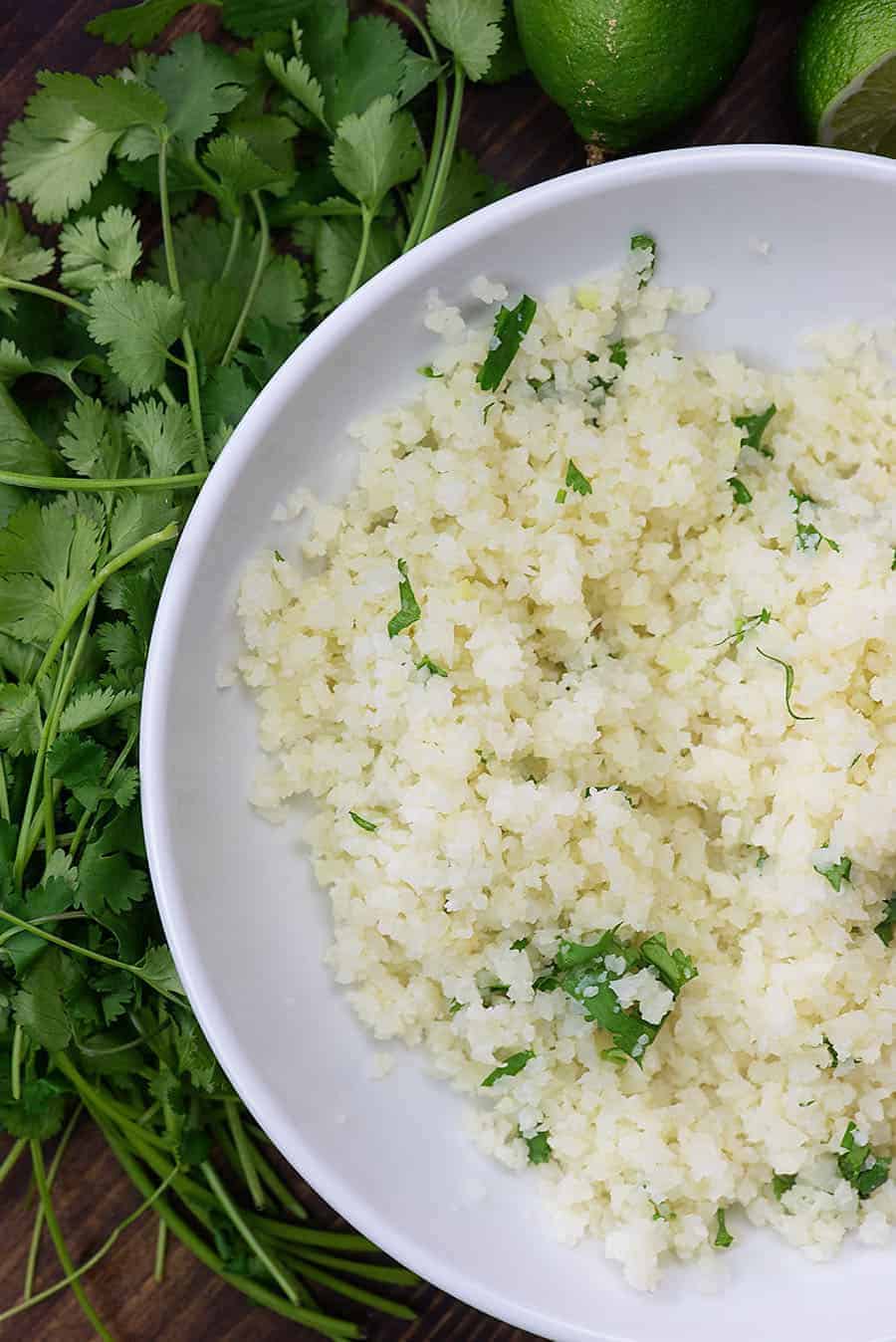 low carb cauliflower rice in white bowl