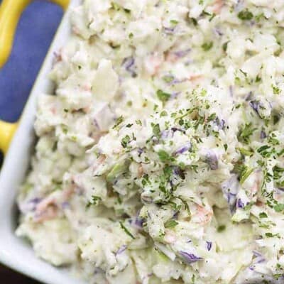 keto coleslaw in yellow dish