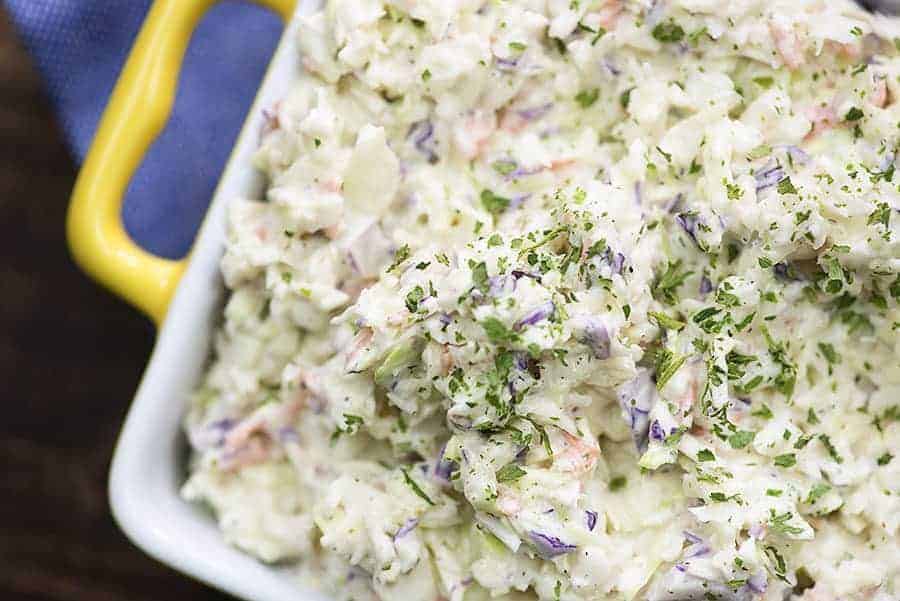 keto coleslaw in yellow dish