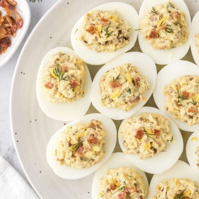 bacon deviled eggs recipe on cutting board