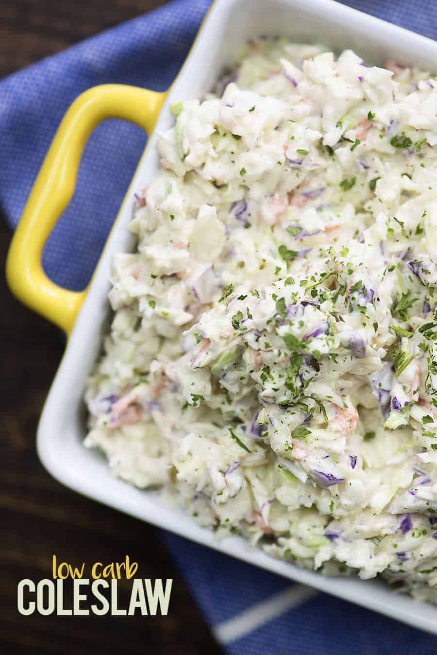 low carb coleslaw in yellow dish