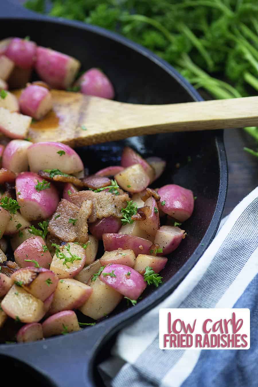 Low carb radishes in cast iron pan