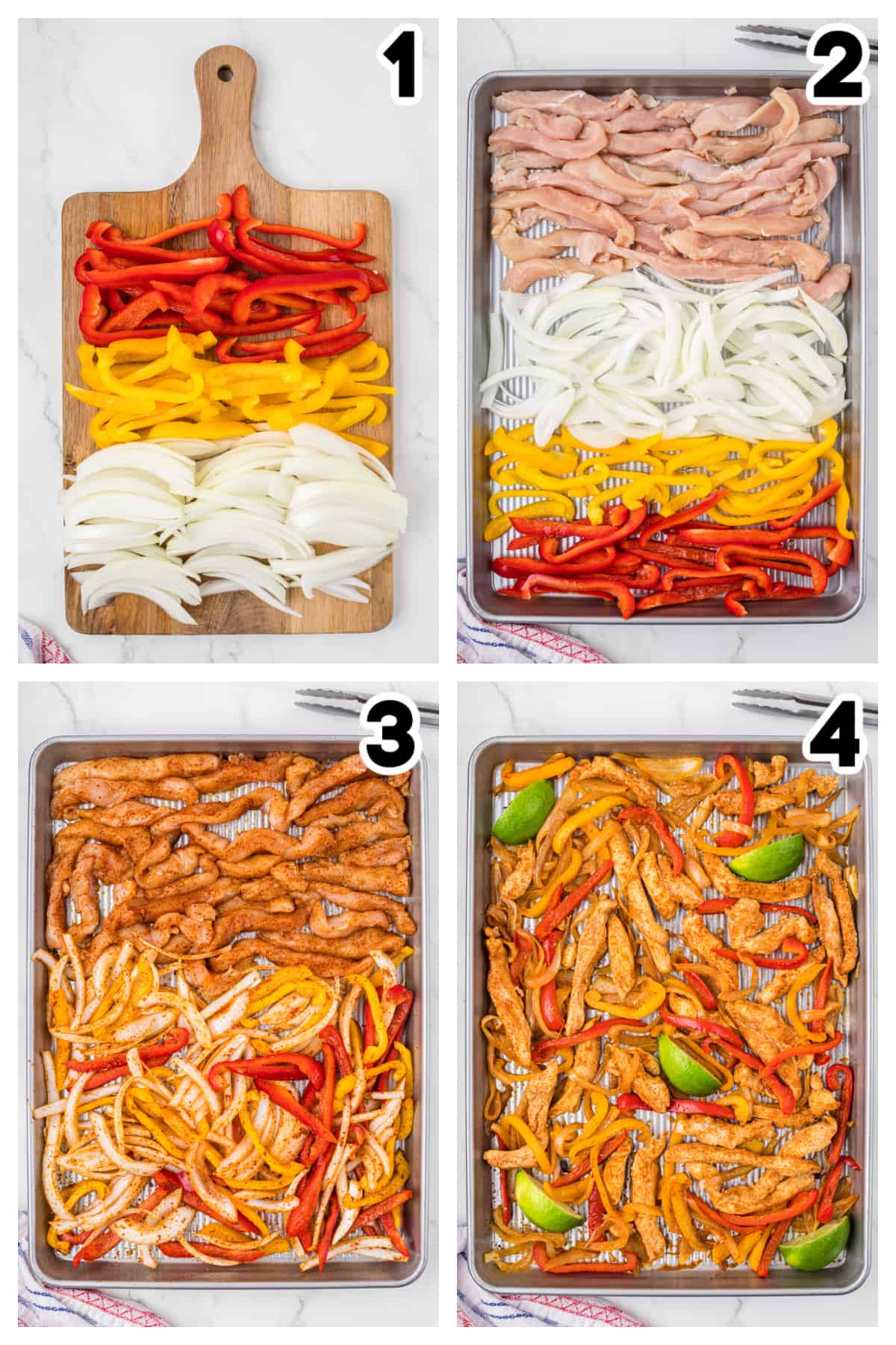 Collage showing how to make sheet pan chicken fajitas.