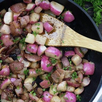 pan fried radishes in cast iron skillet