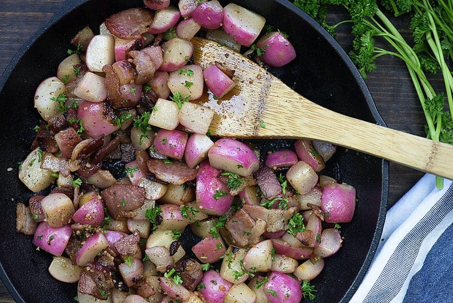 pan fried radishes in cast iron skillet