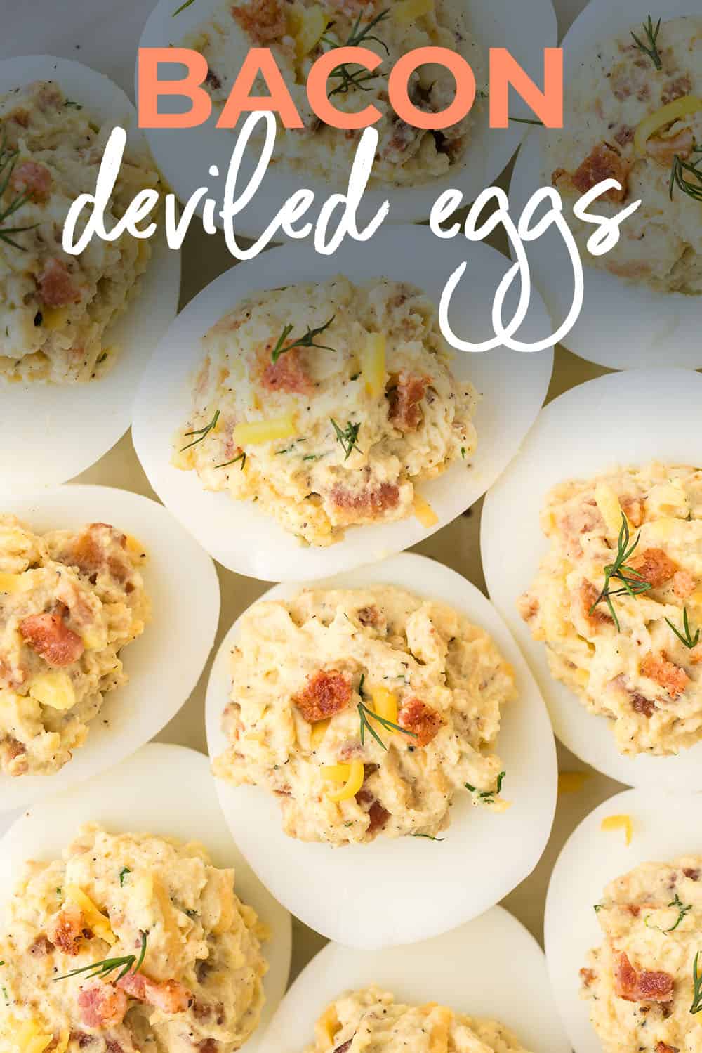 Bacon deviled eggs with text for Pinterest.
