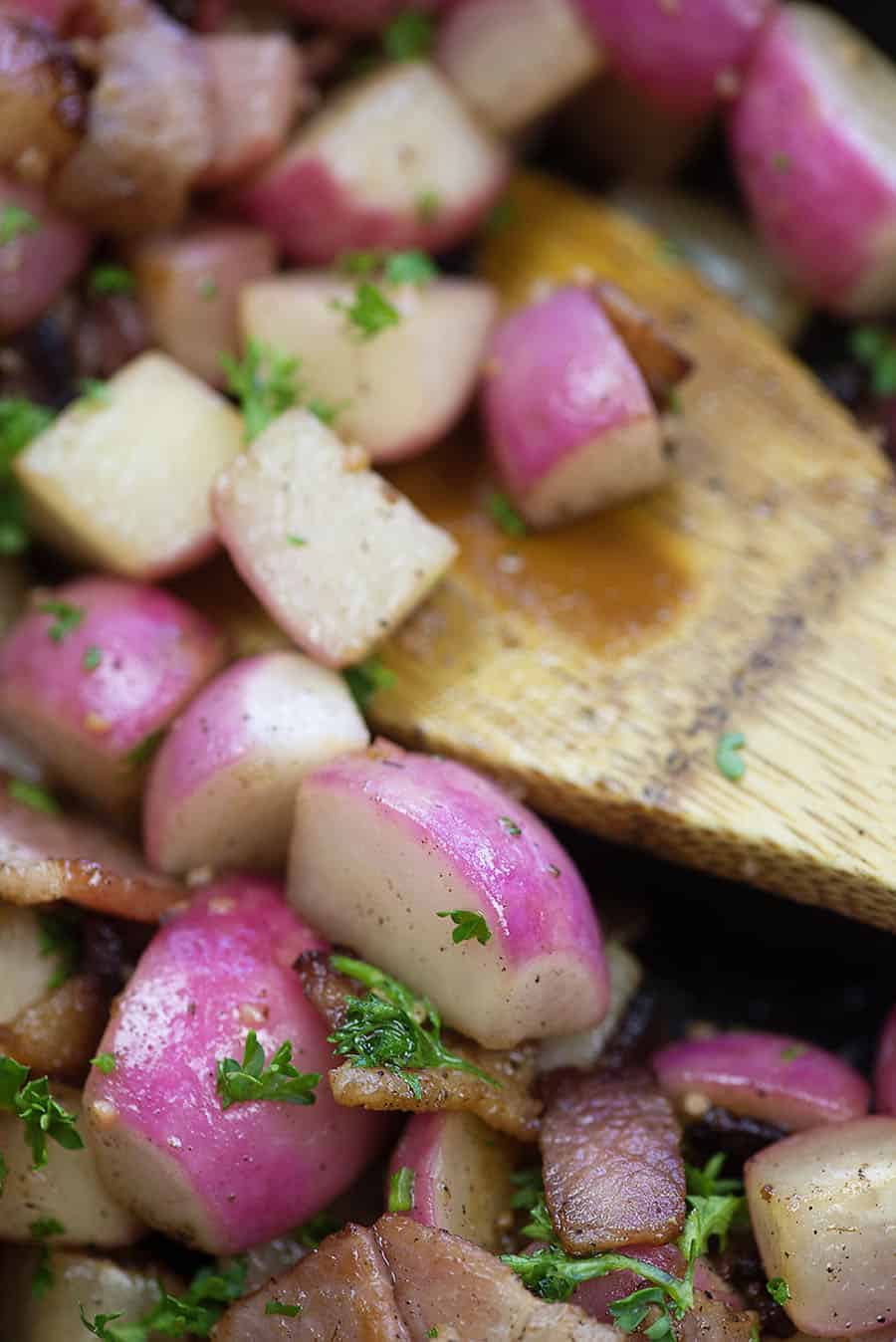 close up of sauteed radishes