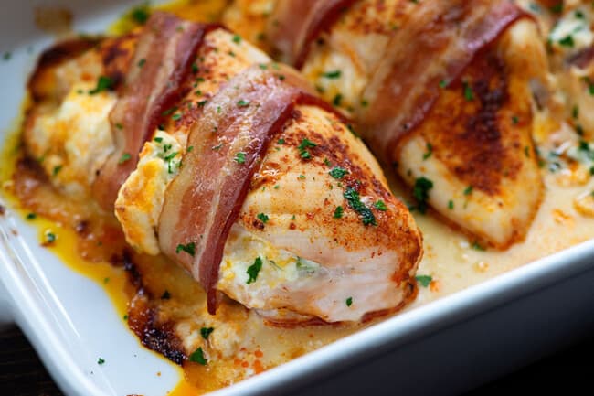 Bacon Wrapped Jalapeno Popper Chicken - low carb and full of flavor!