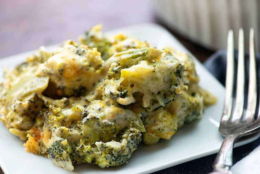 broccoli cheese casserole on white plate