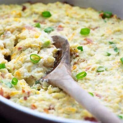 Cauliflower casserole in white baking dish