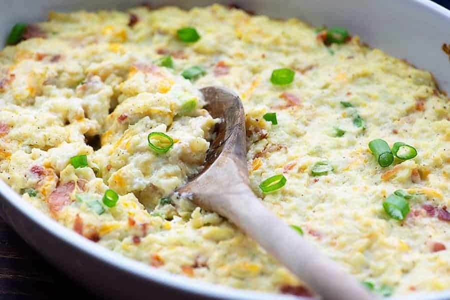 Cauliflower casserole in white baking dish