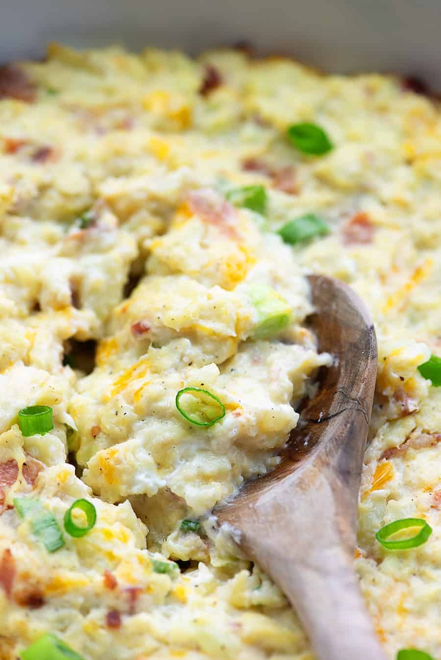 cheesy cauliflower casserole in white dish