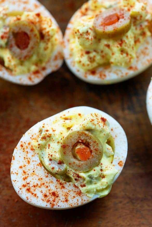 Green Olive Deviled Eggs salty, flavorful, and the perfect snack!