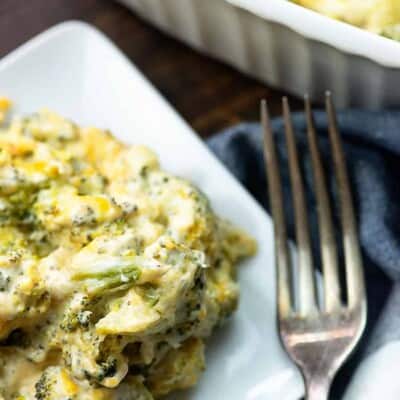 keto broccoli casserole on white plate