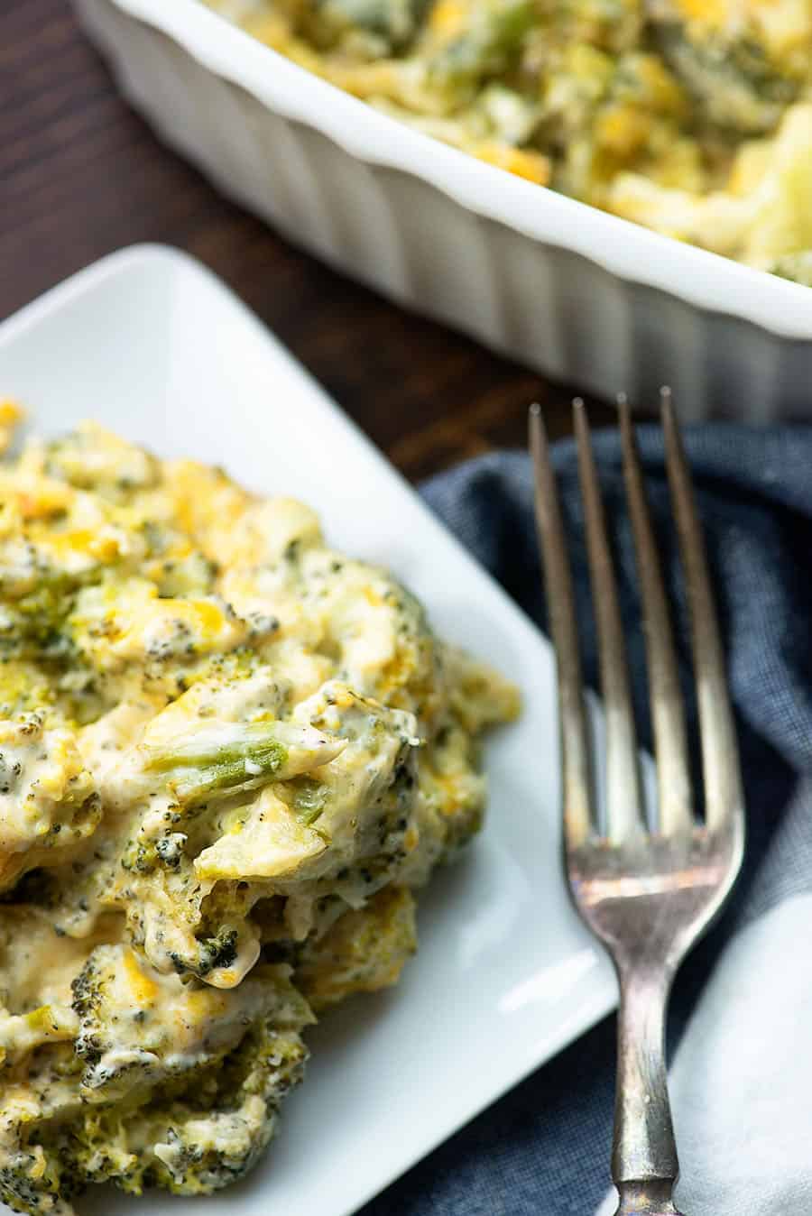 keto broccoli casserole on white plate