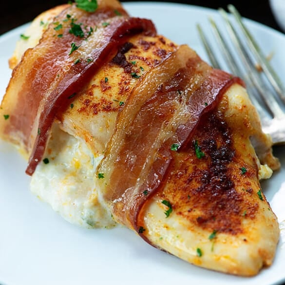 Bacon Wrapped Jalapeno Popper Chicken - low carb and full of flavor!