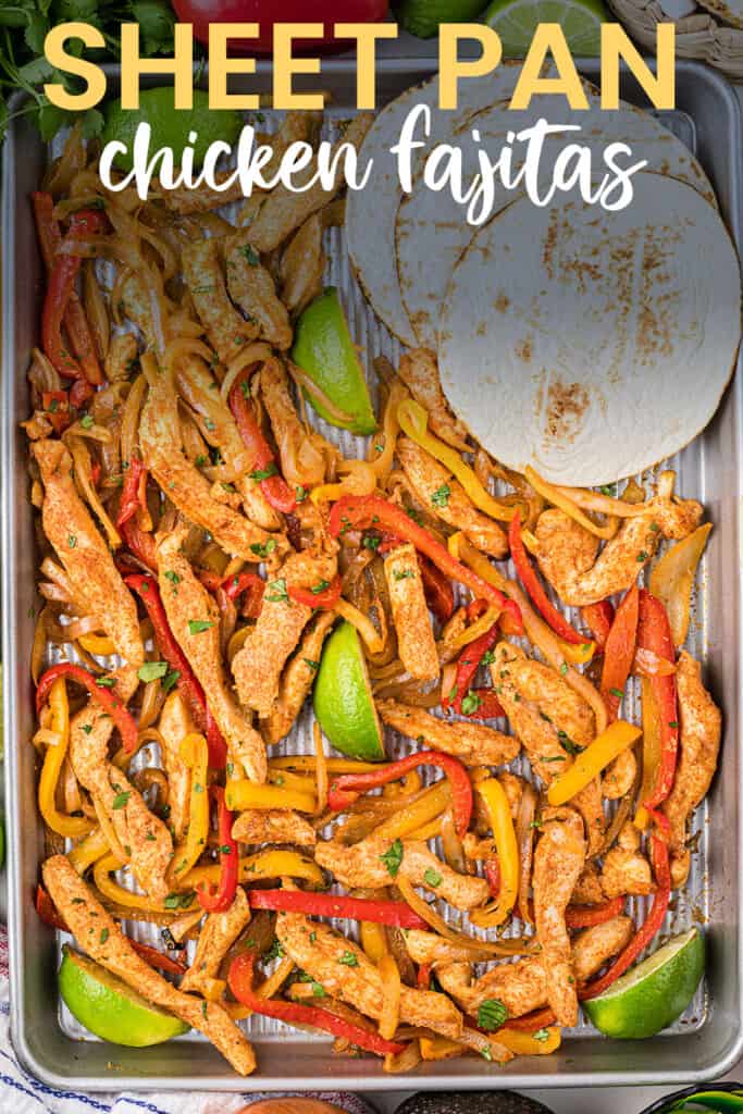 Chicken, peppers, and tortillas on sheet pan.