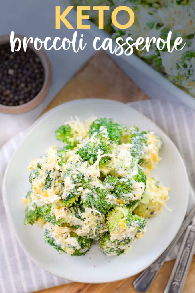 broccoli cheese casserole on white plate.