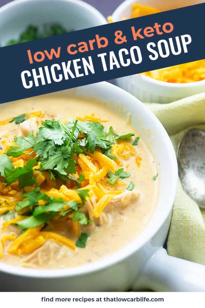 keto taco soup recipe in white bowl.