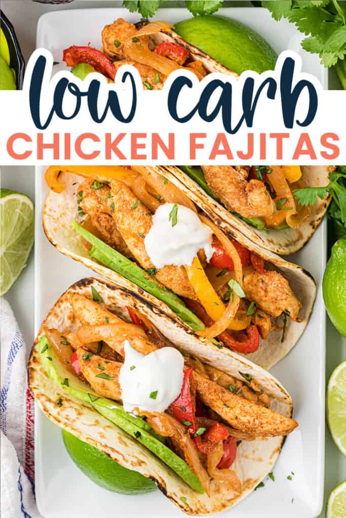 Low carb chicken fajitas in low carb tortillas on plate.