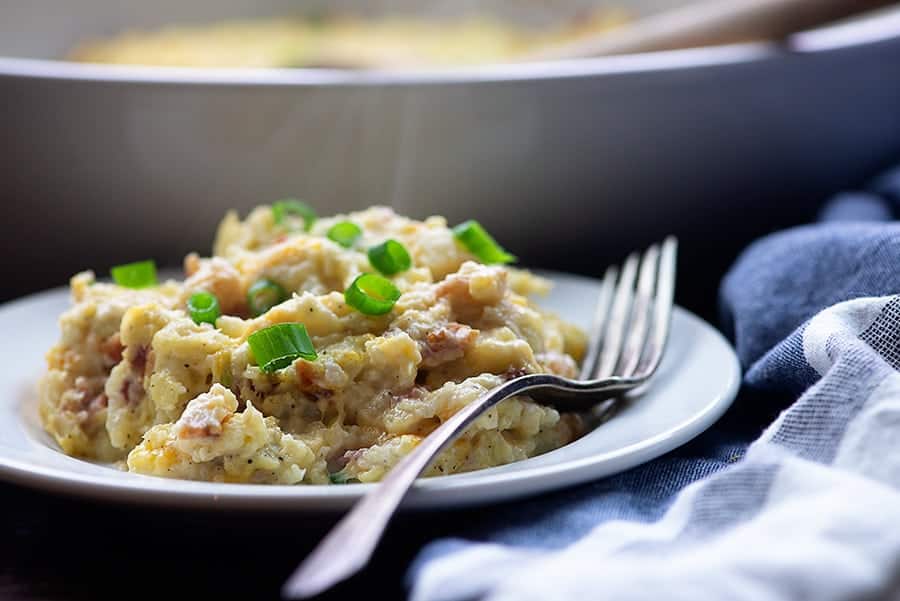 twice baked cauliflower casserole on white plate