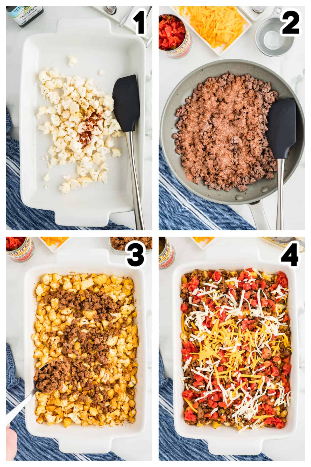 Collage showing how to make keto taco casserole.
