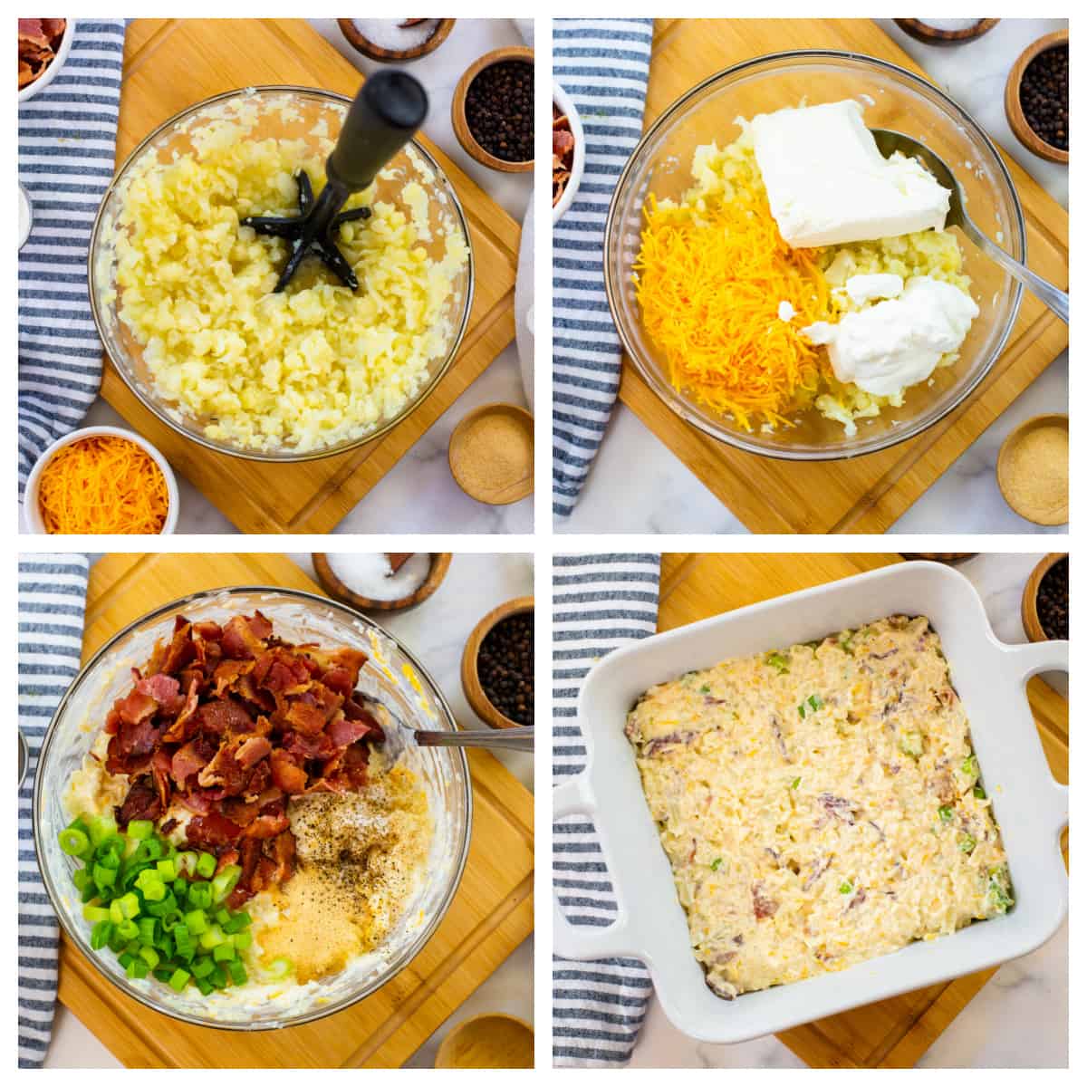 Collage showing how to make loaded cauliflower casserole.