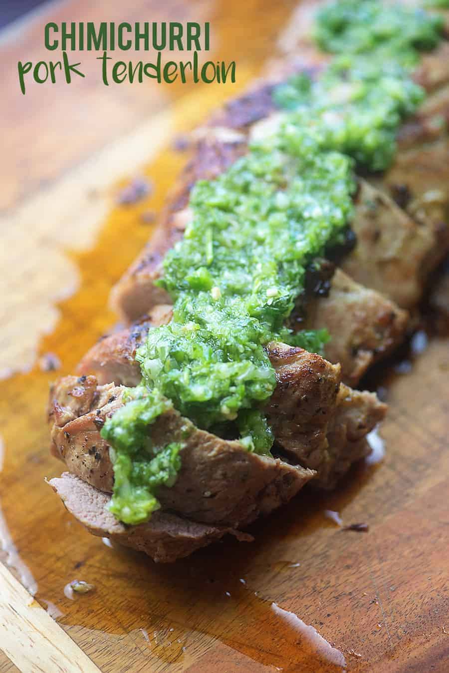 Cooked chimichurri cut up on a cutting board.