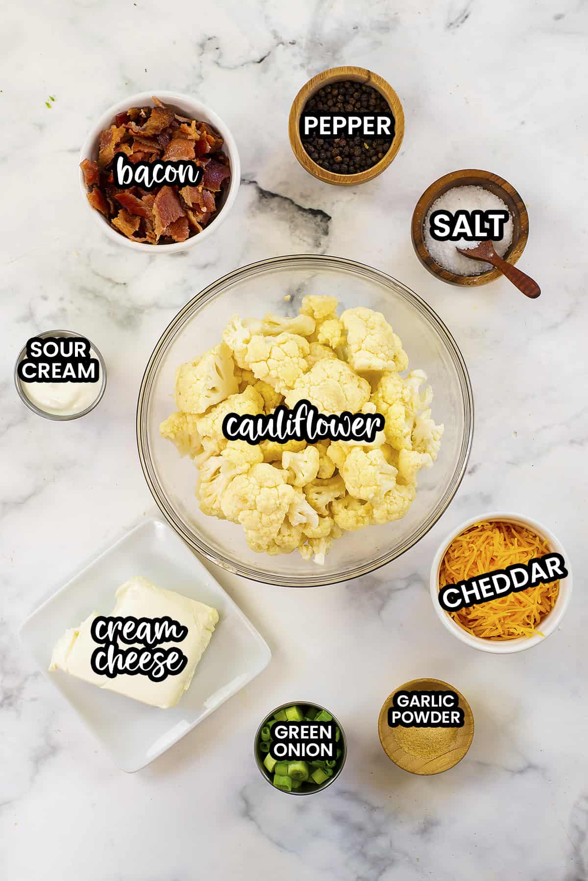 Ingredients for loaded cauliflower casserole.