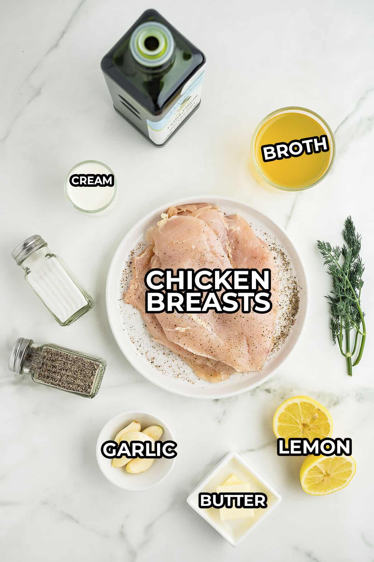 Ingredients for creamy lemon chicken recipe.