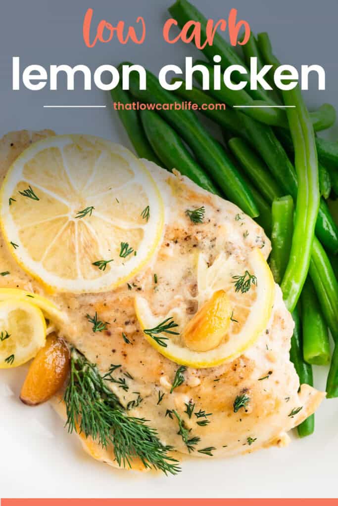 Creamy lemon chicken on plate with green beans.