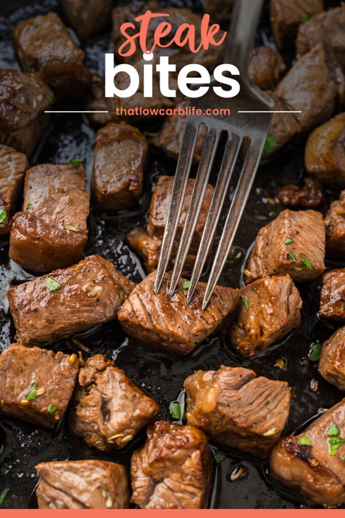 STeak bites in skillet.