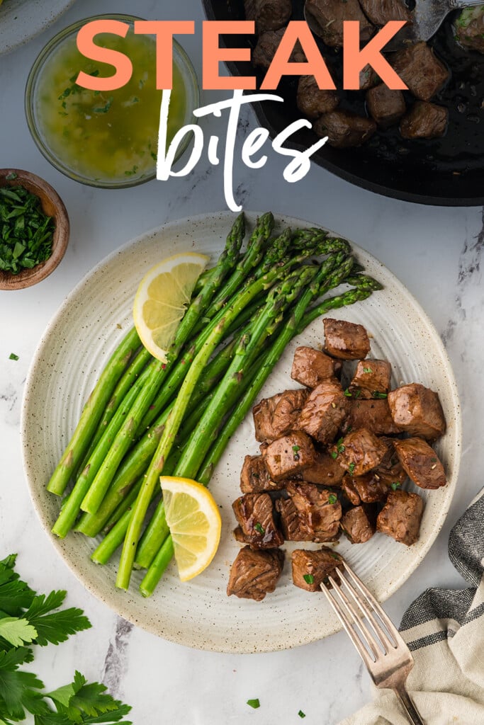 Garlic butter steak bites on plate.