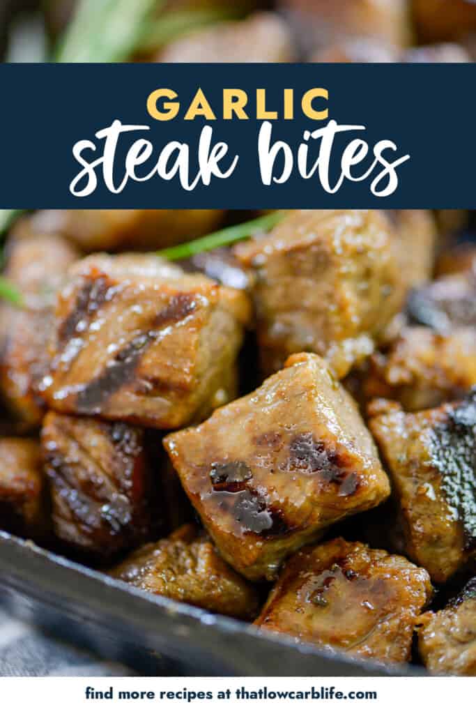 Garlic steak bites in skillet.