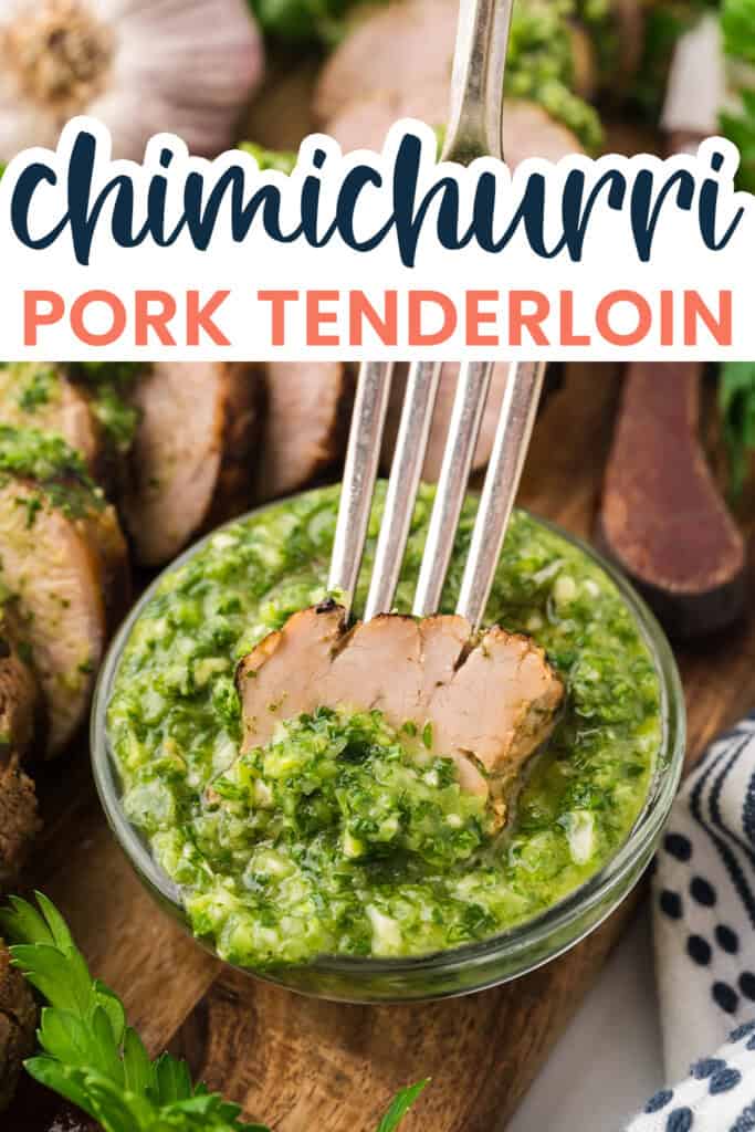 Forkful of pork being dipped in cilantro chimichurri.