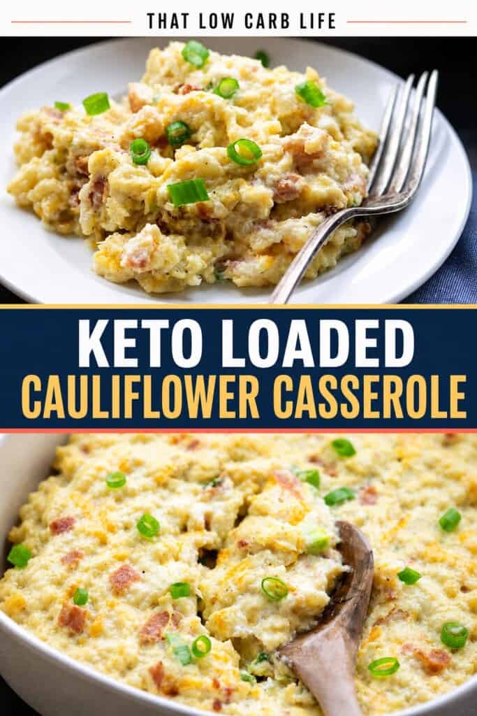 Collage of cauliflower casserole with cream cheese images.